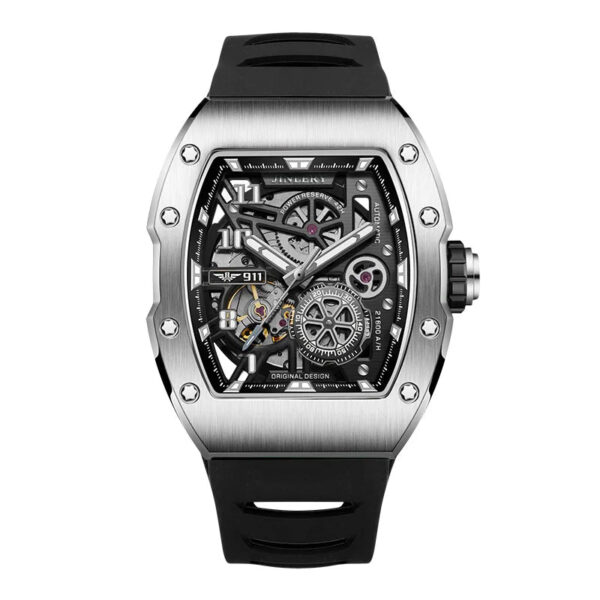 JINLERY Automatic Mechanical Watches for Men Luxury Luminous Waterproof Tonneau Wristwatch Rubber Strap Relogio Masculino 2024 - Image 9